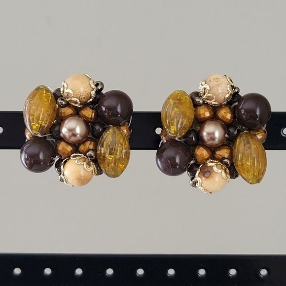 Earrings Vintage Germany Clip On Brown Amber Earrings #0182 - Picture 2 of 7